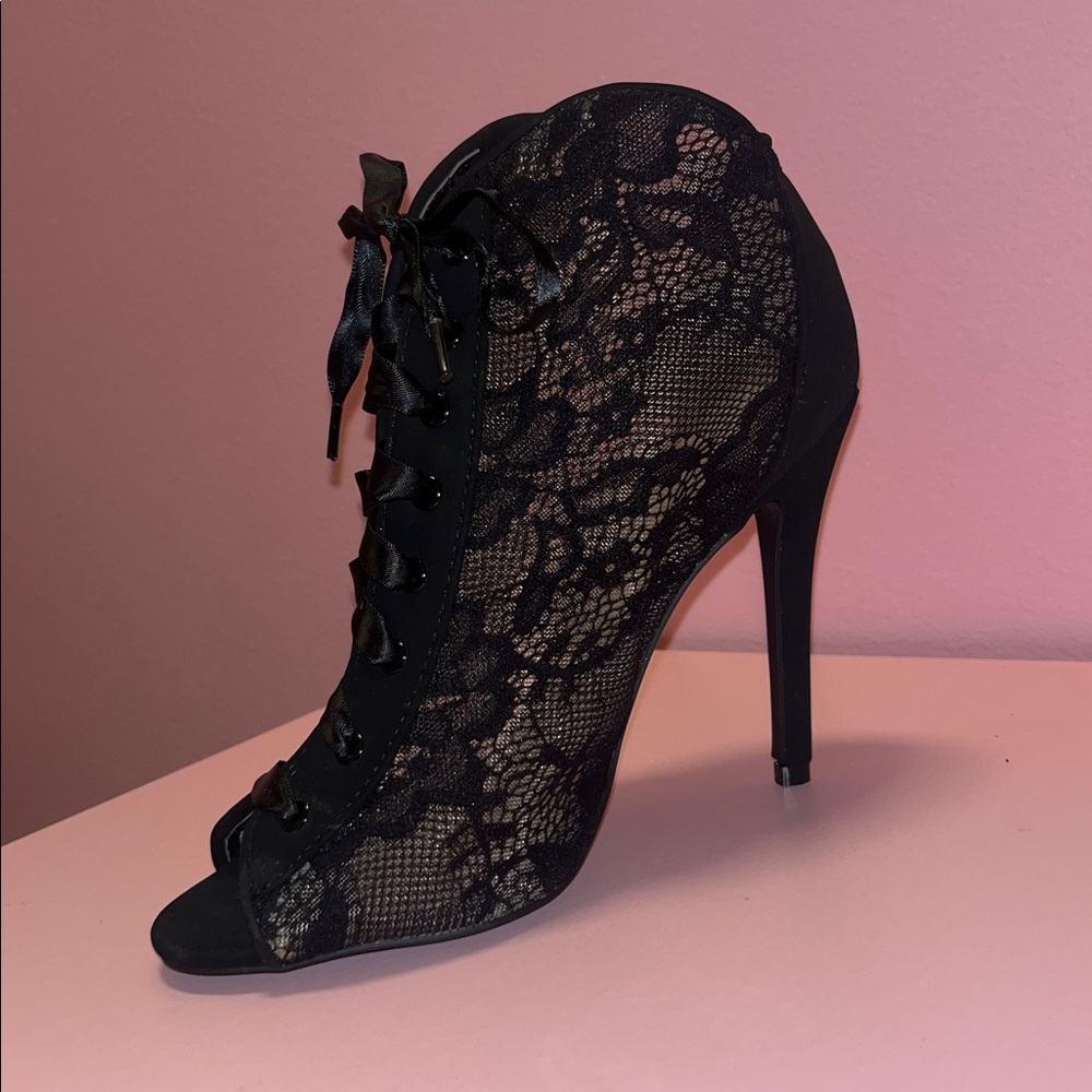 NEW Elegant Black Lace Booties Heels Classy Glam Holiday Dressy Stiletto PeepToe